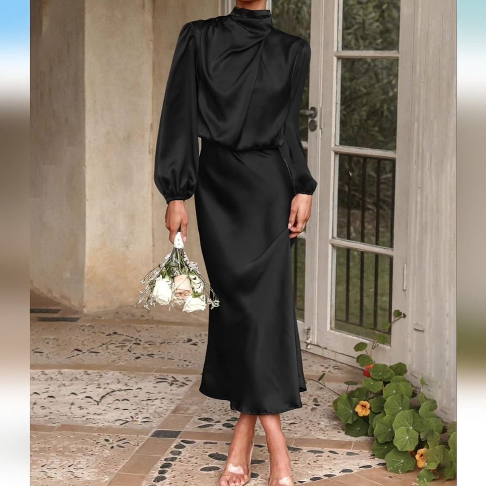 Women's Mock Neck Long Sleeve Satin Dress